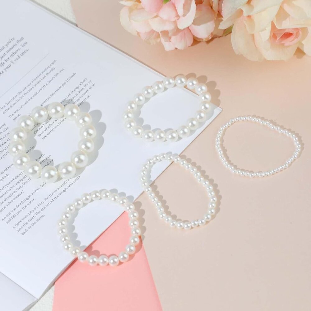 5 Stretchable White Pearl Bracelets For Daily Ele… - image 2